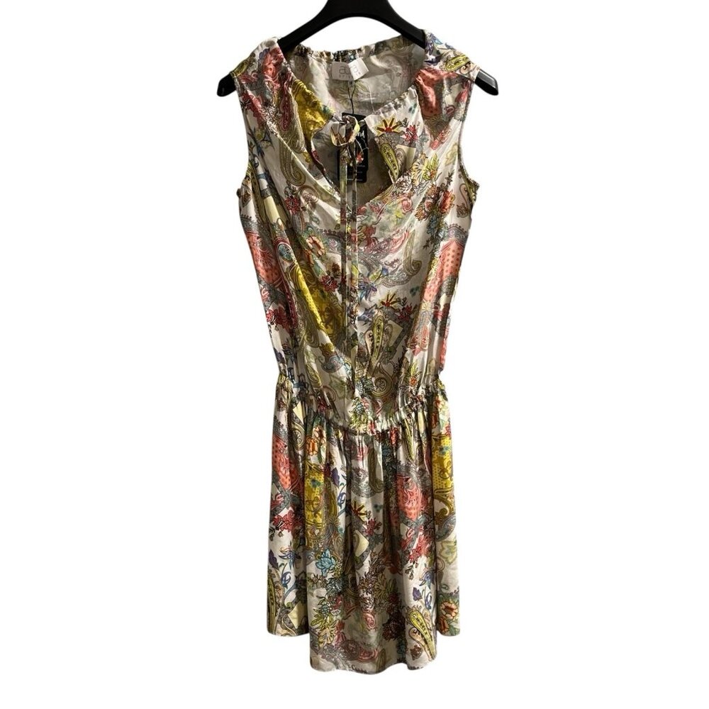 Atina Cristina Alfie Dress Womens M Colorful Paisley Satin Mini Keyhole Tie Neck